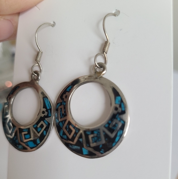 Vintage Sterling Silver Boho Western Mexico Turquoise Inlay Round Drop Earrings - Picture 4 of 12